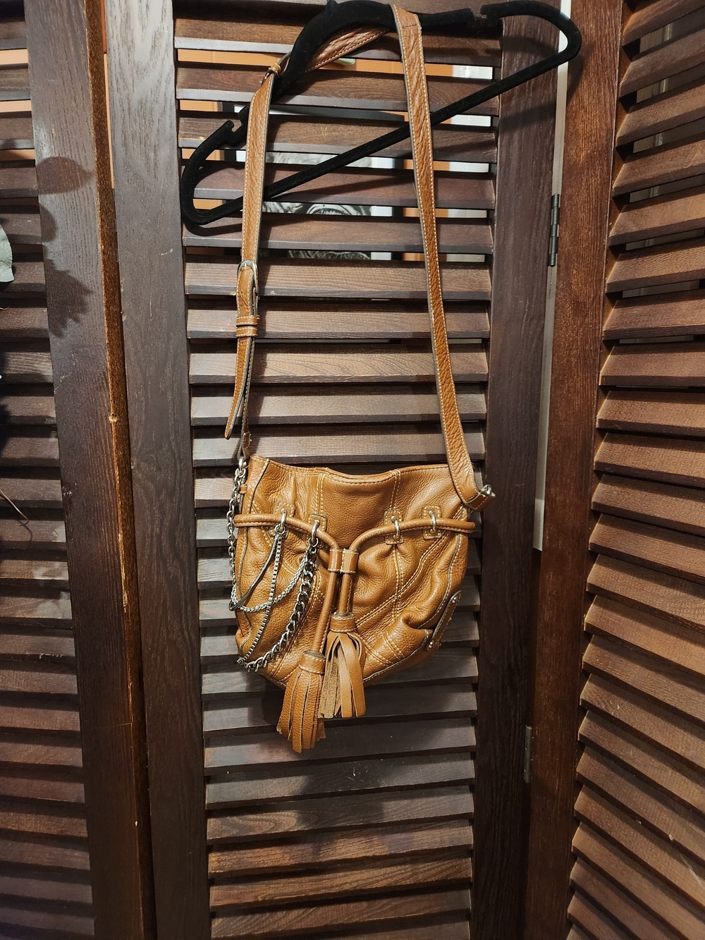 Hype Tan Leather Crossbody Bag with Tassel & Chain Detail